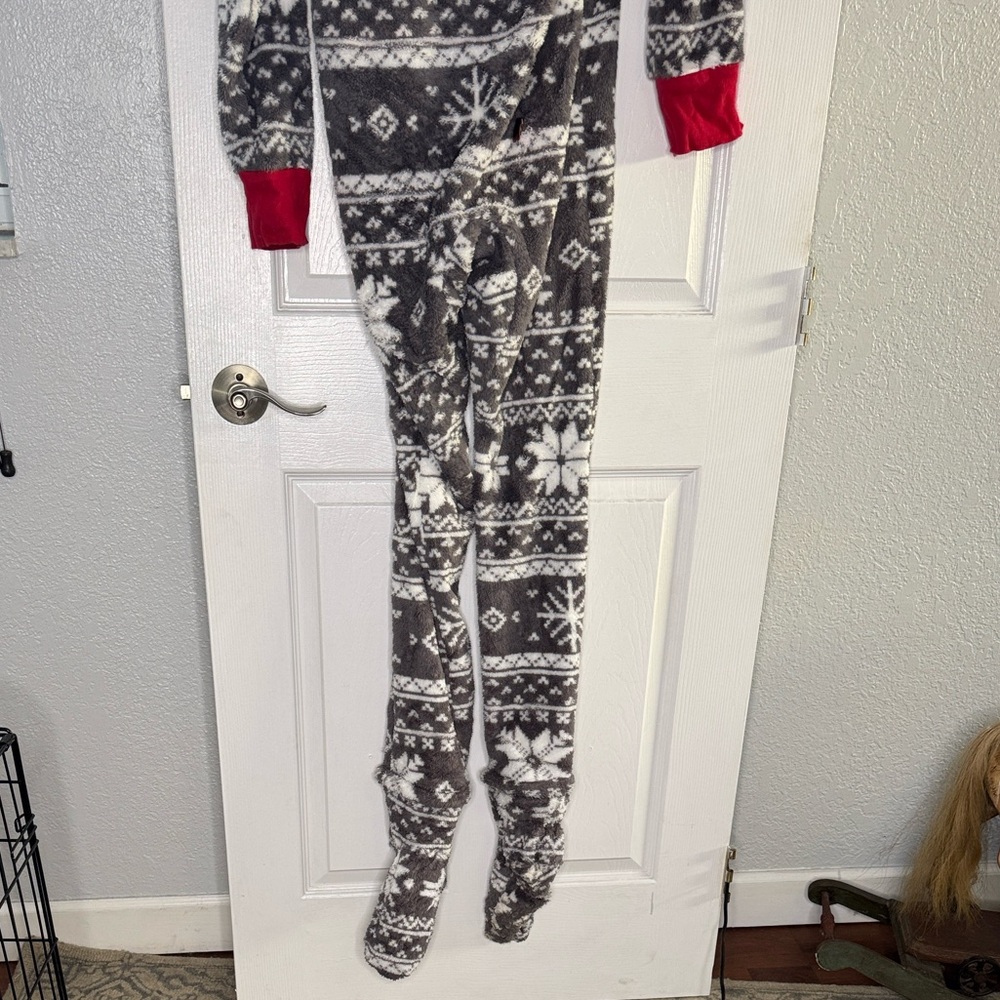 Family Pajamas Gray and White Fair Isle One-Piece Pajama with Red Cuffs